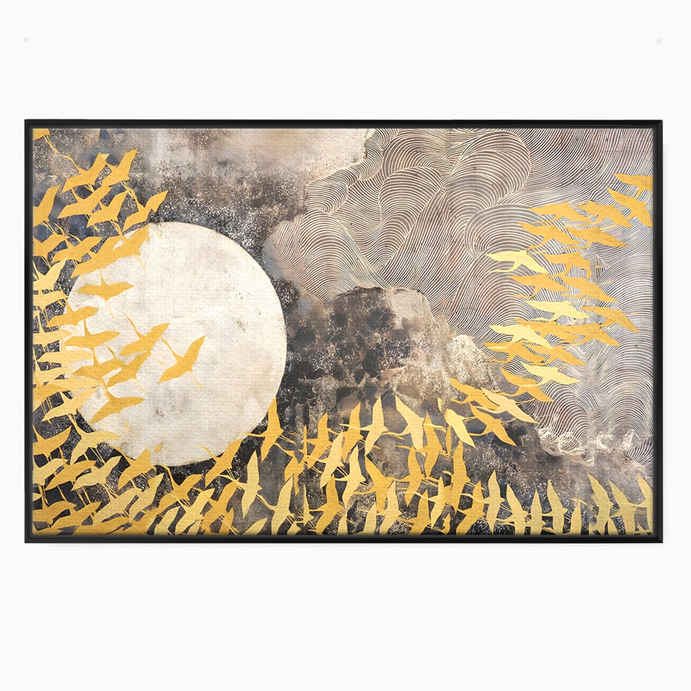 Tablou canvas cu tablou canvas cu pasari aurii si luna, in rama de aluminiu negru