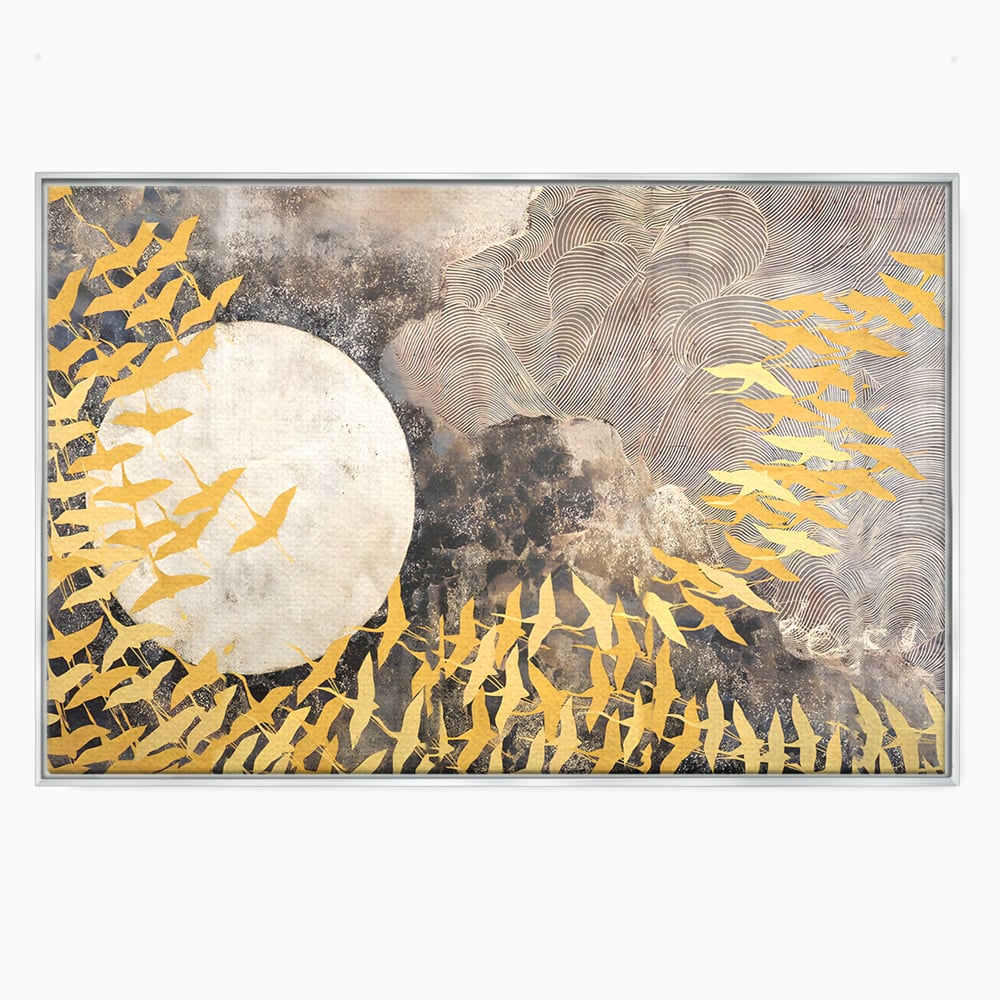 Tablou canvas cu tablou canvas cu pasari aurii si luna, in rama de aluminiu argintiu