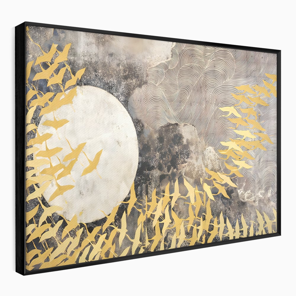 Tablou canvas cu tablou canvas cu pasari aurii si luna, in rama de aluminiu negru