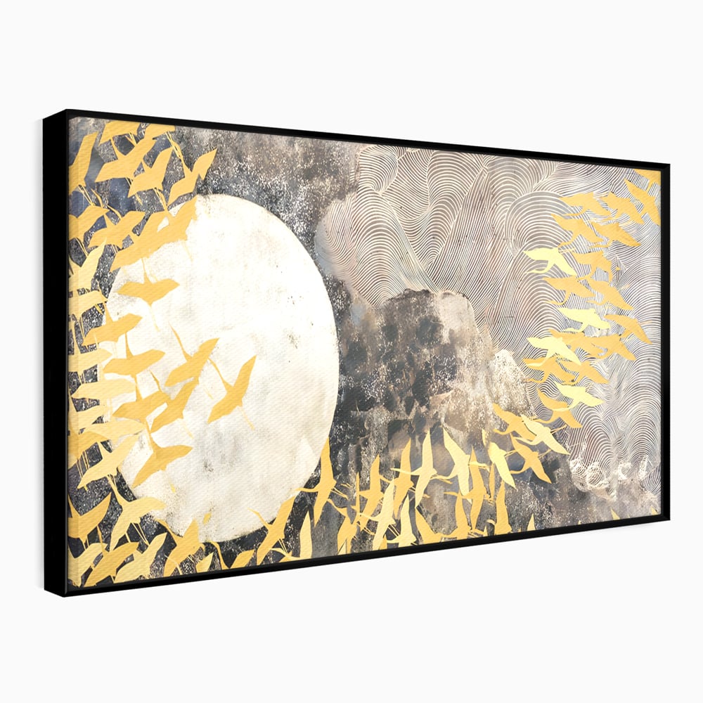 Tablou canvas cu tablou canvas cu pasari aurii si luna, in rama de aluminiu negru