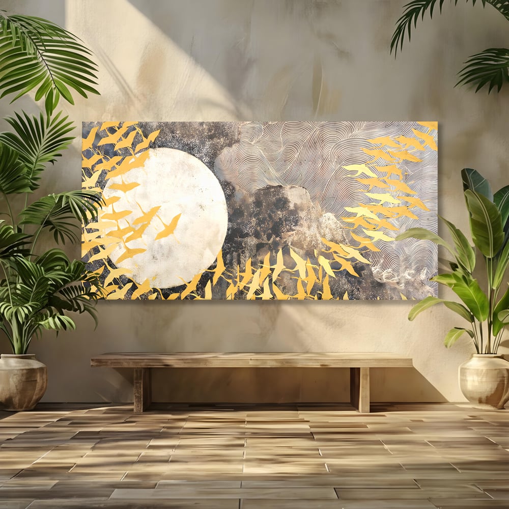 Tablou canvas cu tablou canvas cu pasari aurii si luna, fara rama, pe sasiu de lemn