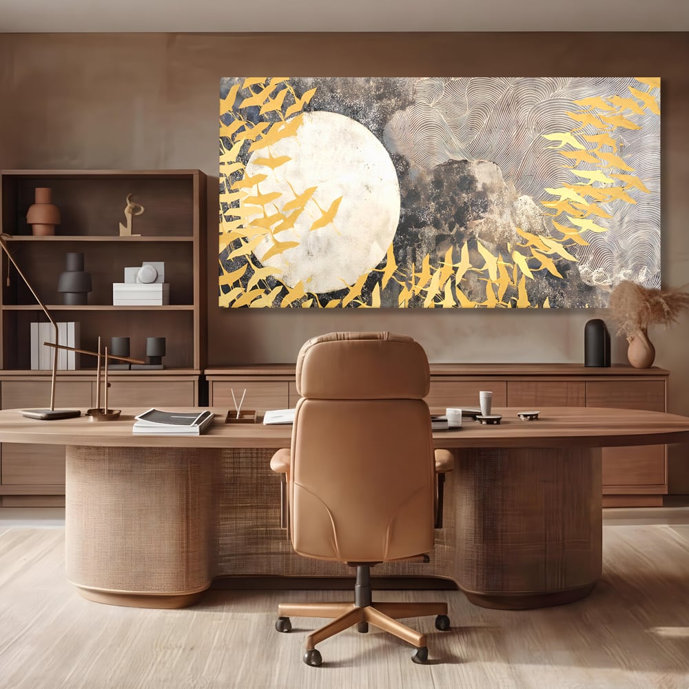 Tablou canvas cu tablou canvas cu pasari aurii si luna, fara rama, pe sasiu de lemn, pe perete intr-un birou