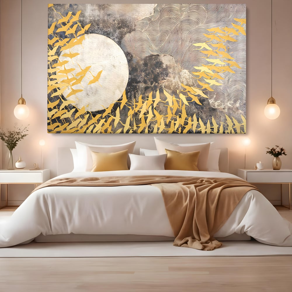 Tablou canvas cu tablou canvas cu pasari aurii si luna, fara rama, pe sasiu de lemn, pe perete intr-un dormitor