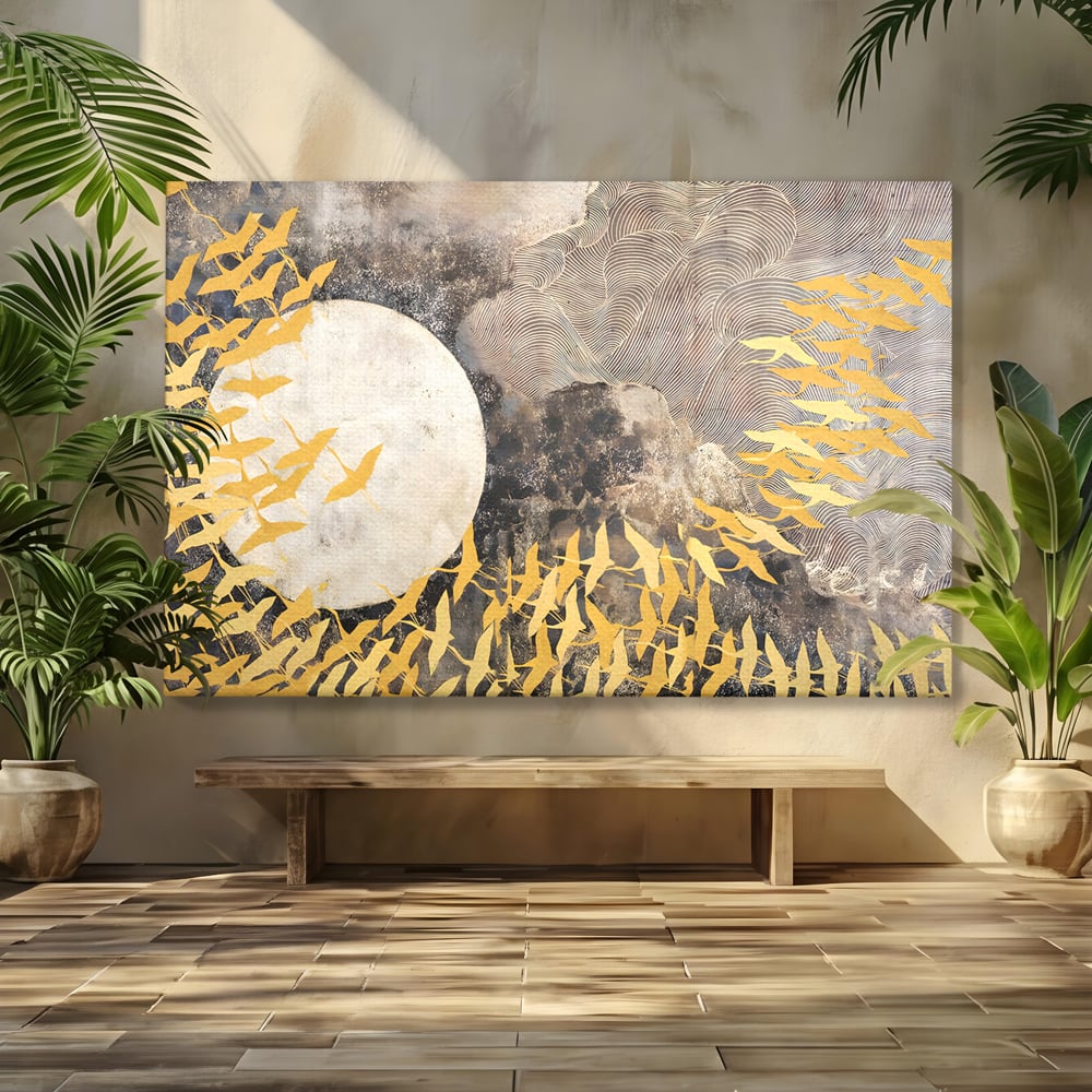 Tablou canvas cu tablou canvas cu pasari aurii si luna, fara rama, pe sasiu de lemn