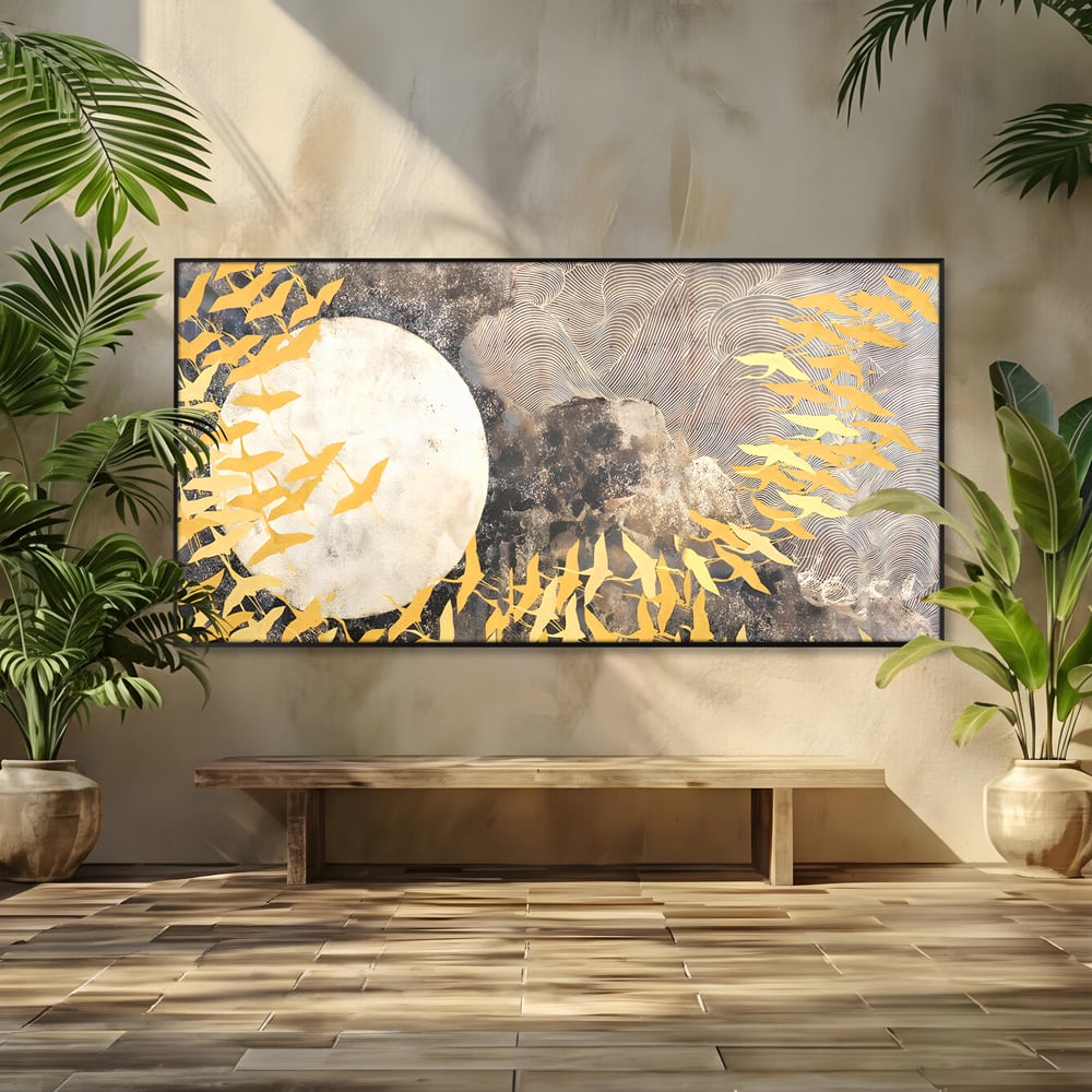 Tablou canvas cu tablou canvas cu pasari aurii si luna, in rama de aluminiu negru