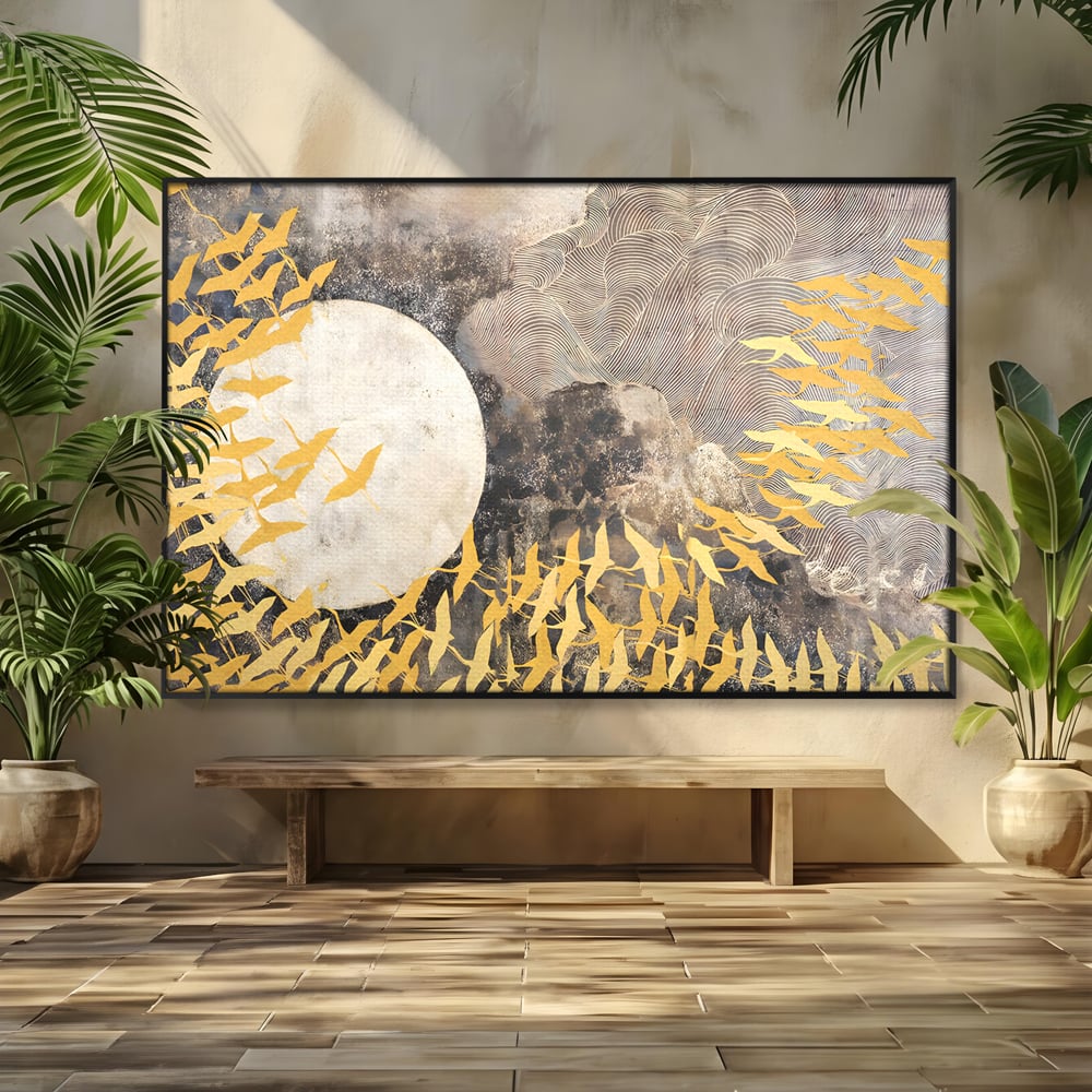 Tablou canvas cu tablou canvas cu pasari aurii si luna, in rama de aluminiu negru