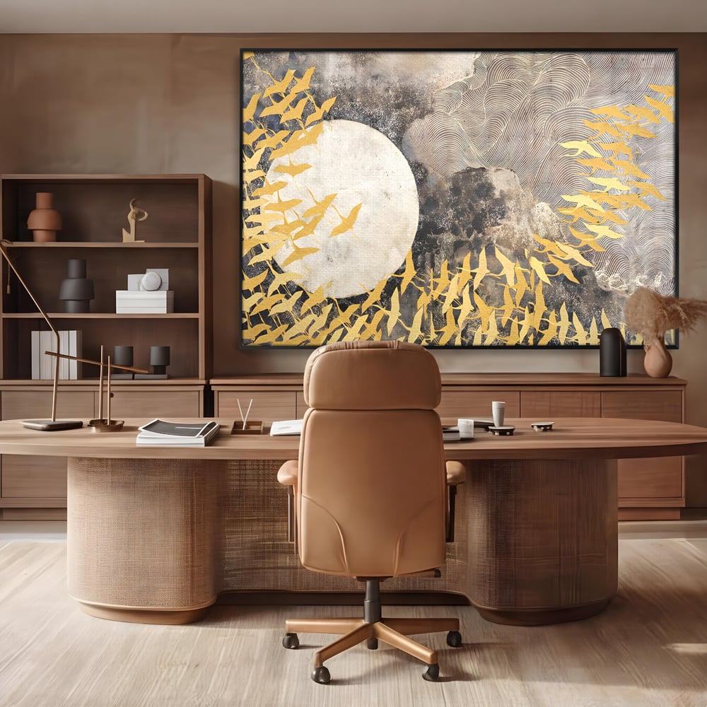 Tablou canvas cu tablou canvas cu pasari aurii si luna, in rama de aluminiu negru, pe perete intr-un birou