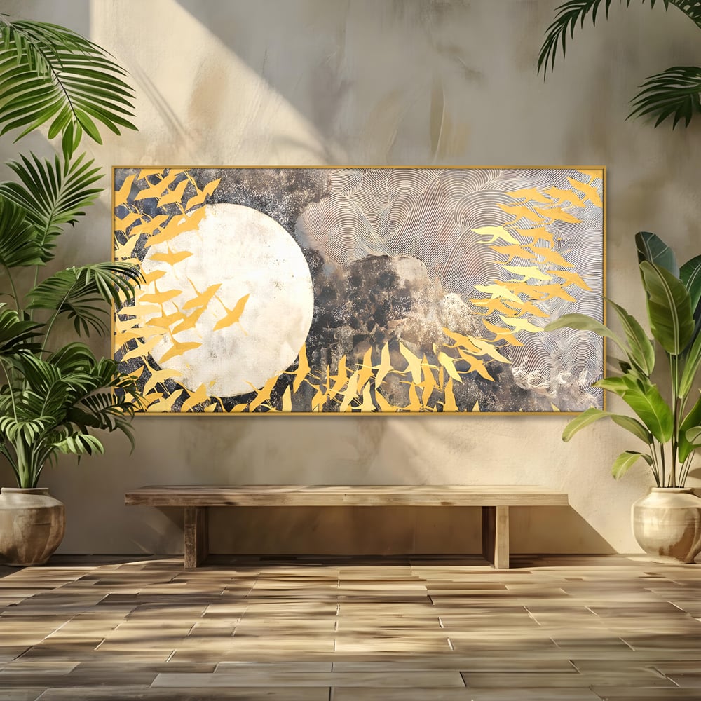 Tablou canvas cu tablou canvas cu pasari aurii si luna, in rama de aluminiu auriu