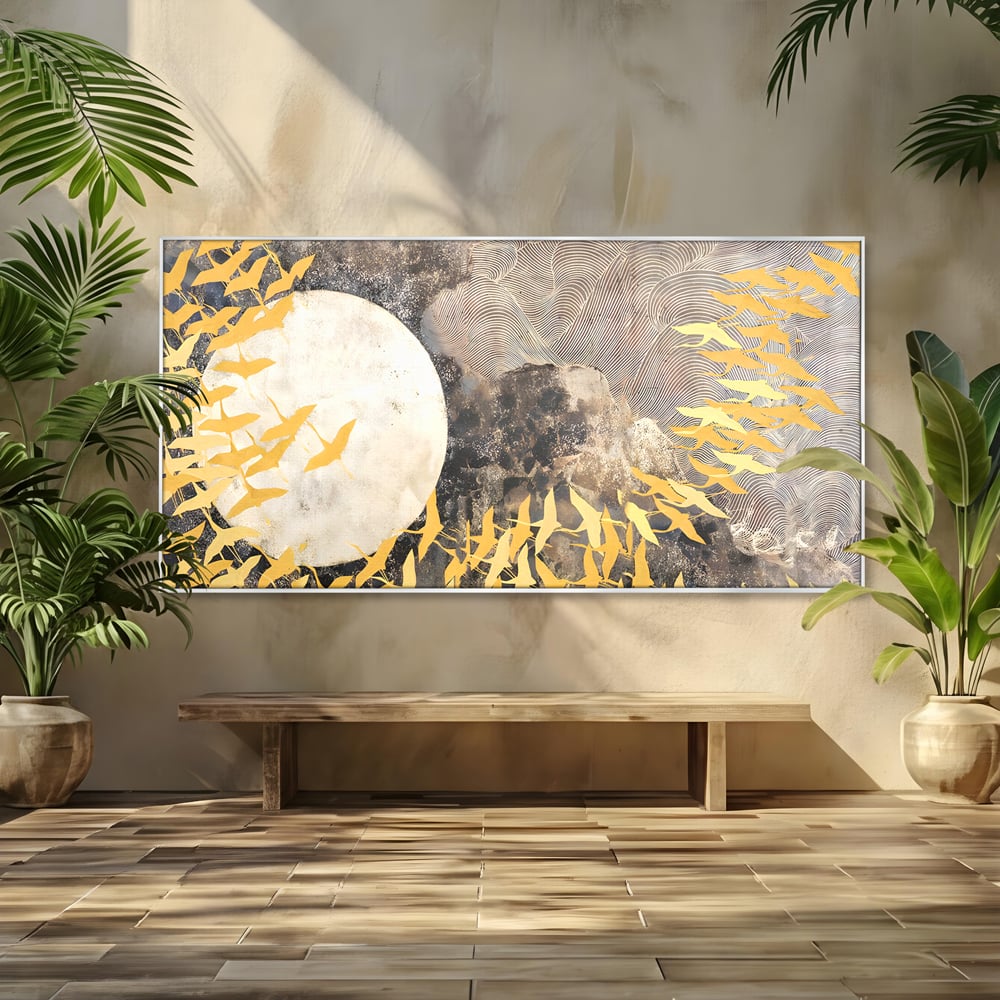 Tablou canvas cu tablou canvas cu pasari aurii si luna, in rama de aluminiu argintiu
