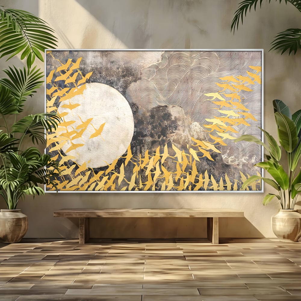 Tablou canvas cu tablou canvas cu pasari aurii si luna, in rama de aluminiu argintiu