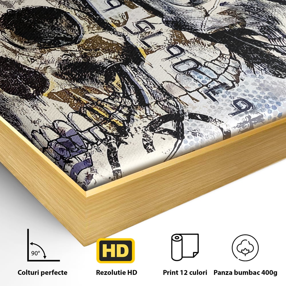 Detaliu al suprafetei: tablou canvas cu doua cranii, in rama de aluminiu auriu