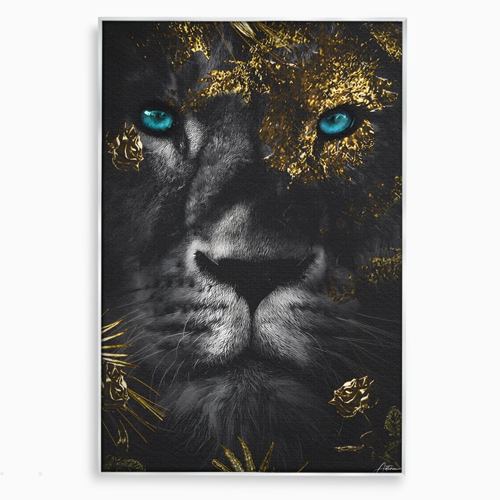 Tablou canvas cu tablou canvas cu leu si ochi albastri, in rama de aluminiu argintiu