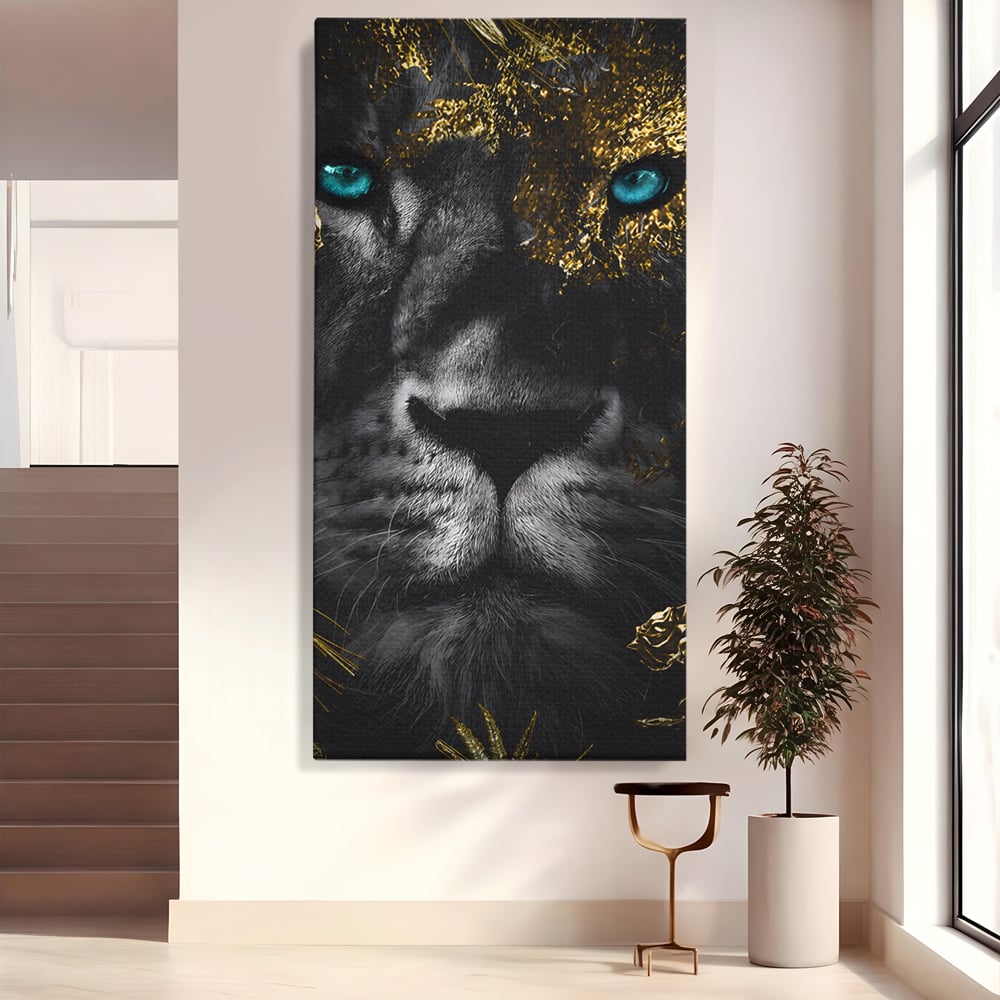 Tablou canvas cu tablou canvas cu leu si ochi albastri, fara rama, pe sasiu de lemn
