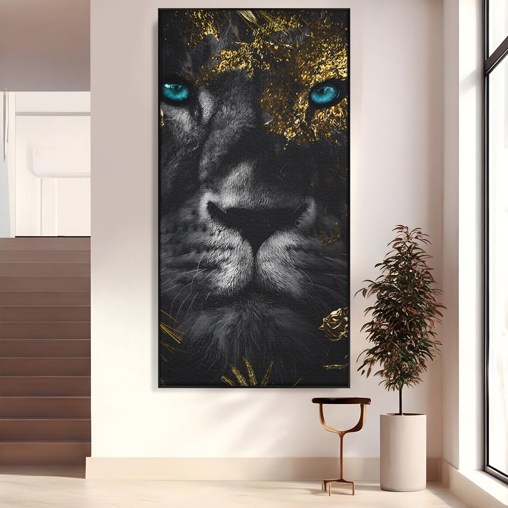 Tablou canvas cu tablou canvas cu leu si ochi albastri, in rama de aluminiu negru
