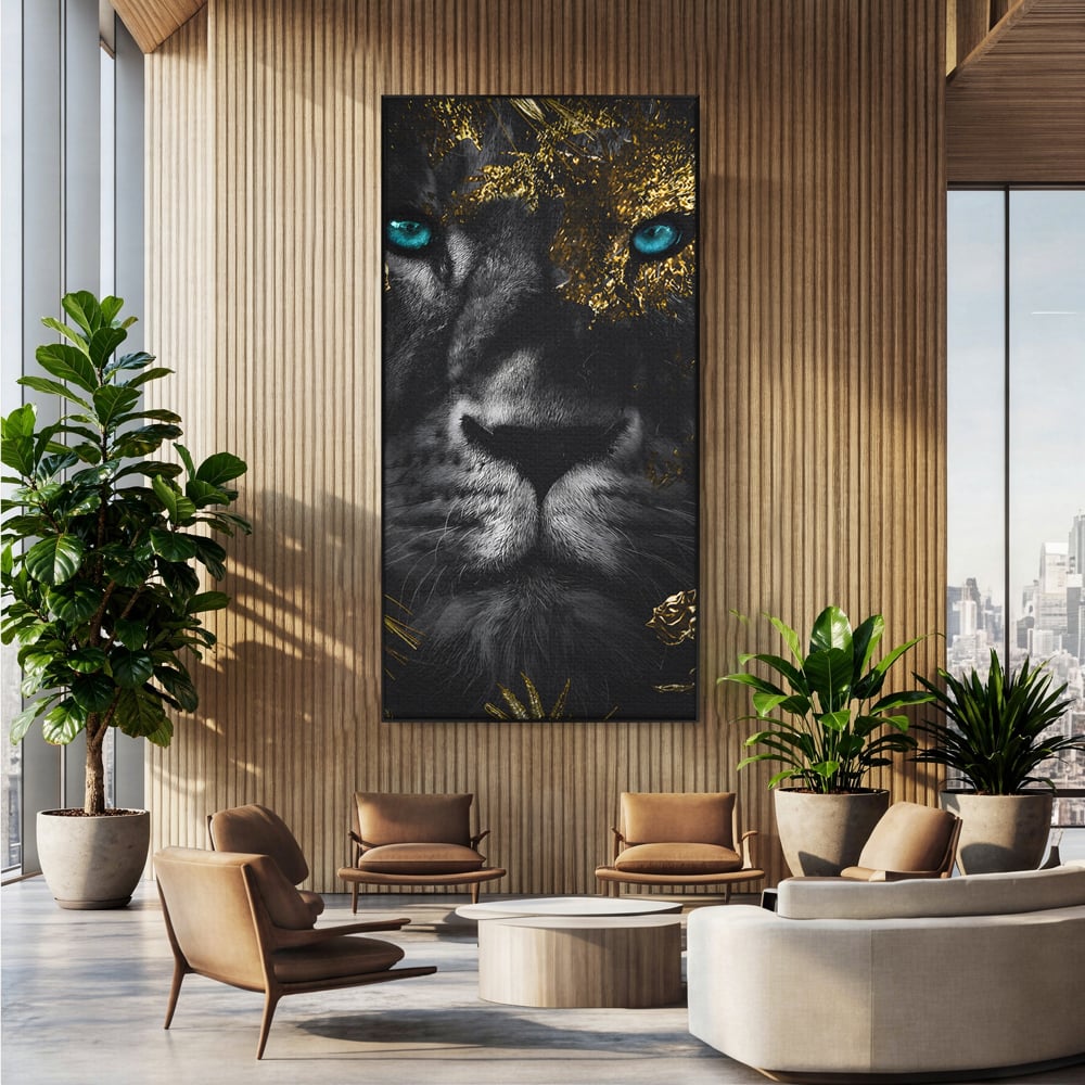 Tablou canvas cu tablou canvas cu leu si ochi albastri, in rama de aluminiu negru, pe perete intr-un birou
