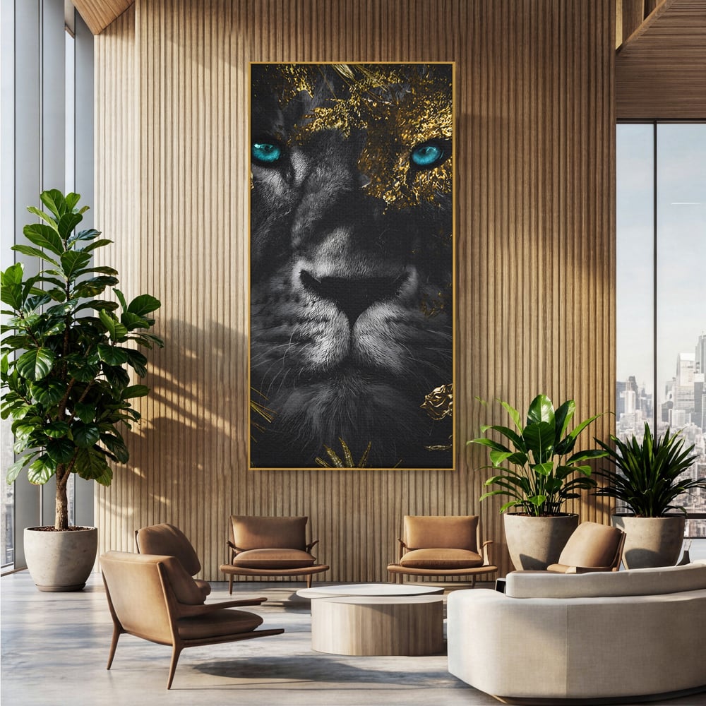 Tablou canvas cu tablou canvas cu leu si ochi albastri, in rama de aluminiu auriu, pe perete intr-un birou