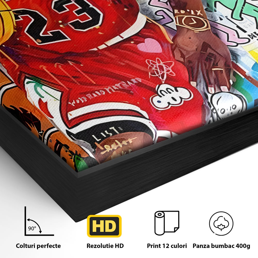 Detaliu al suprafetei: tablou canvas cu michael jordan in stil graffiti, in rama de aluminiu negru