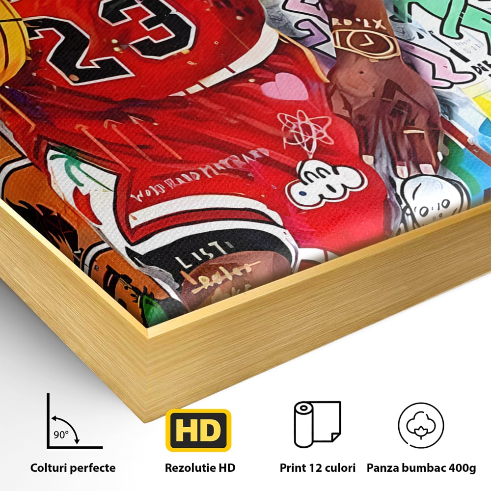 Detaliu al suprafetei: tablou canvas cu michael jordan in stil graffiti, in rama de aluminiu auriu