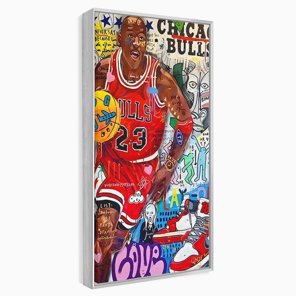 Tablou canvas cu tablou canvas cu michael jordan in stil graffiti, in rama de aluminiu argintiu