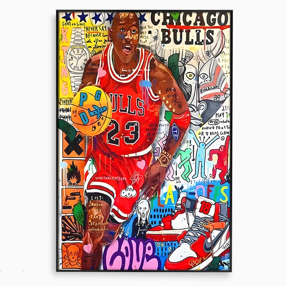 Tablou canvas cu tablou canvas cu michael jordan in stil graffiti, in rama de aluminiu negru