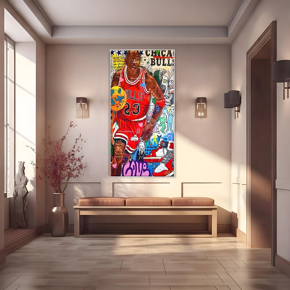 Tablou canvas cu tablou canvas cu michael jordan in stil graffiti, in rama de aluminiu argintiu