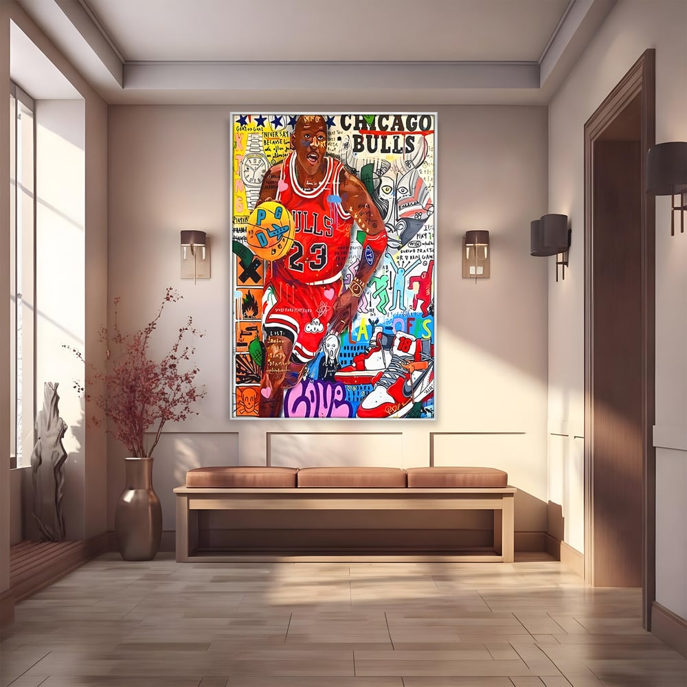 Tablou canvas cu tablou canvas cu michael jordan in stil graffiti, in rama de aluminiu argintiu