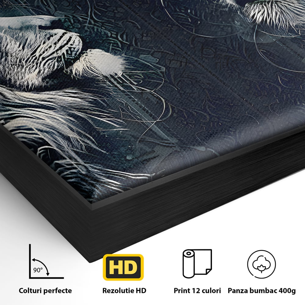 Detaliu al suprafetei: tablou canvas cu leu si leoaica incoronati, in rama de aluminiu negru