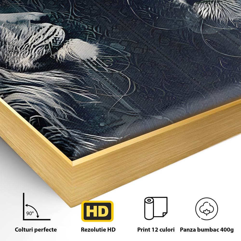 Detaliu al suprafetei: tablou canvas cu leu si leoaica incoronati, in rama de aluminiu auriu