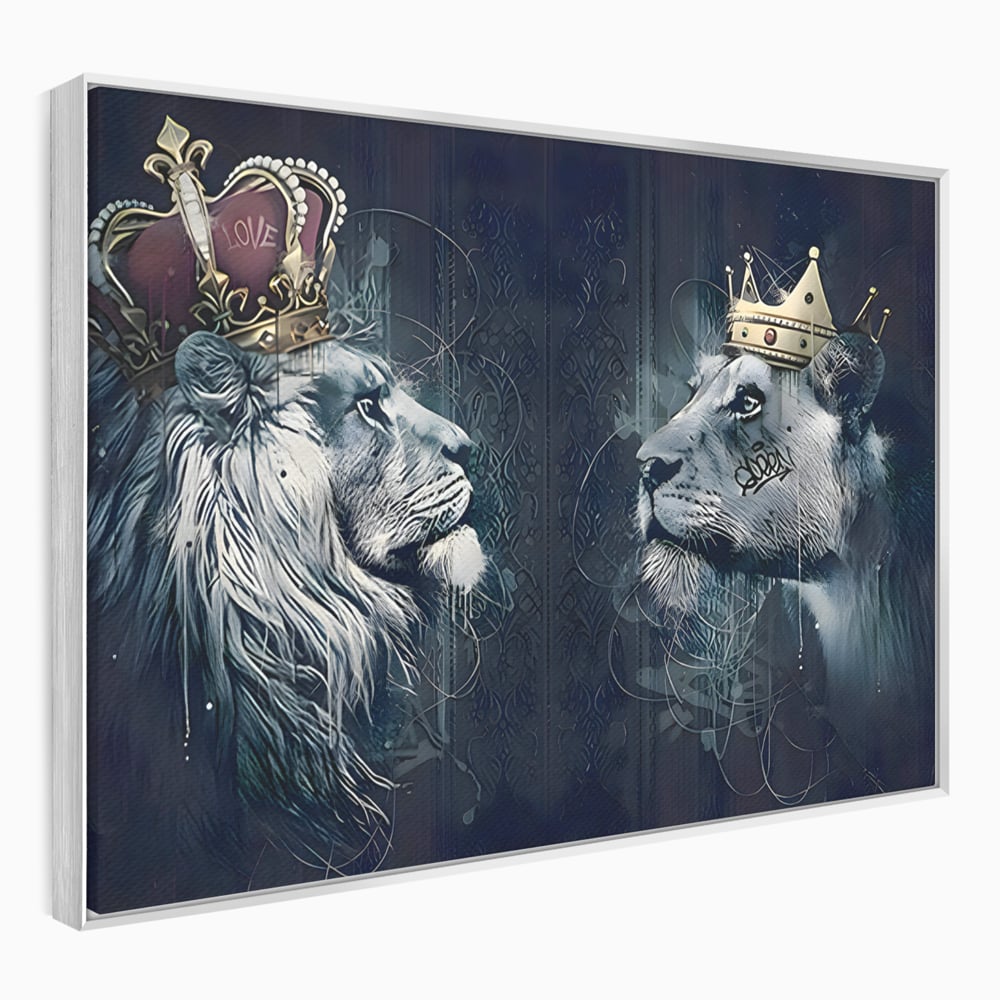 Tablou canvas cu tablou canvas cu leu si leoaica incoronati, in rama de aluminiu argintiu