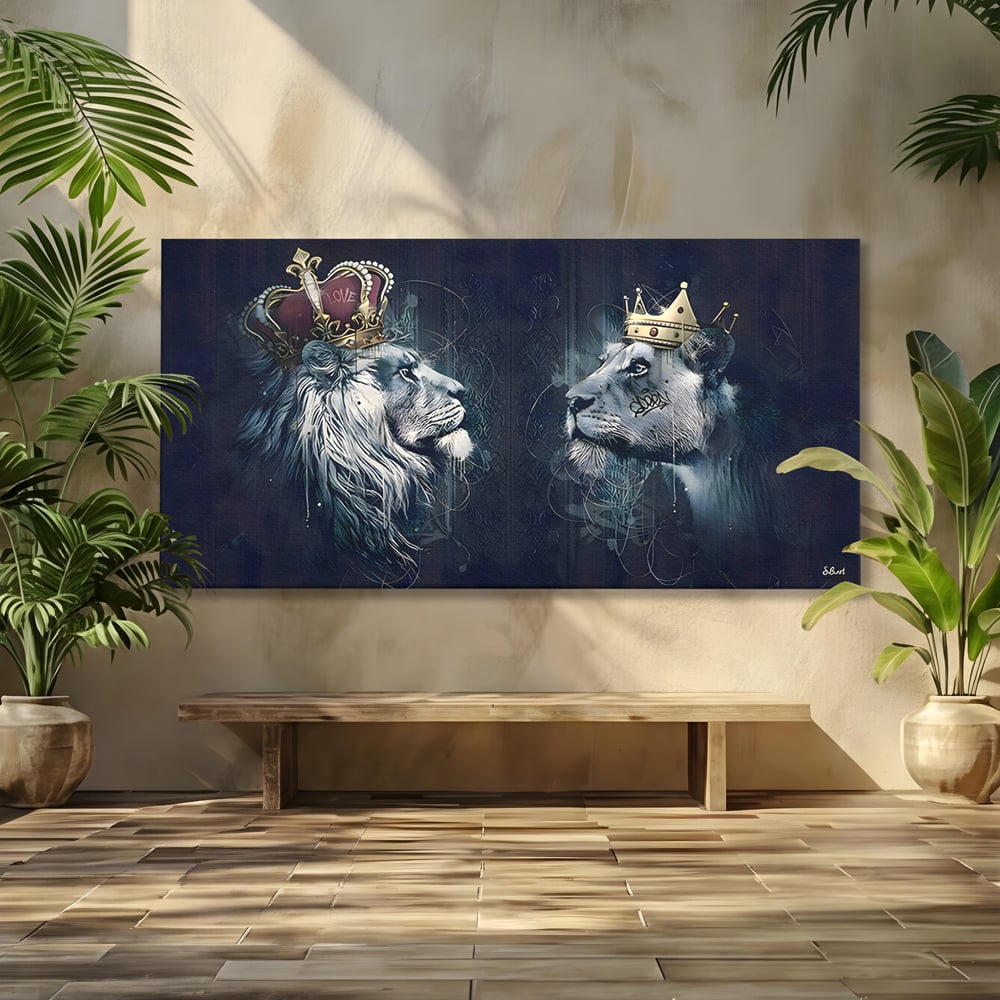 Tablou canvas cu tablou canvas cu leu si leoaica incoronati, fara rama, pe sasiu de lemn