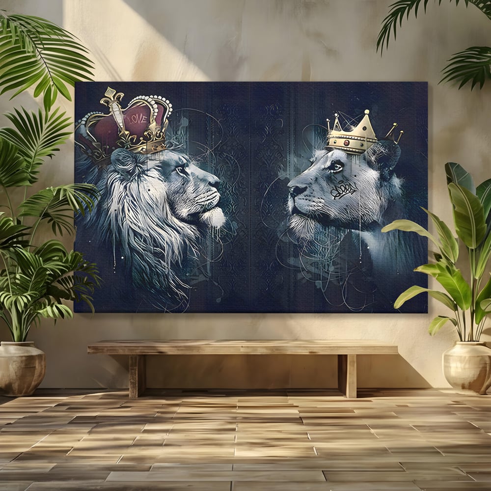 Tablou canvas cu tablou canvas cu leu si leoaica incoronati, fara rama, pe sasiu de lemn