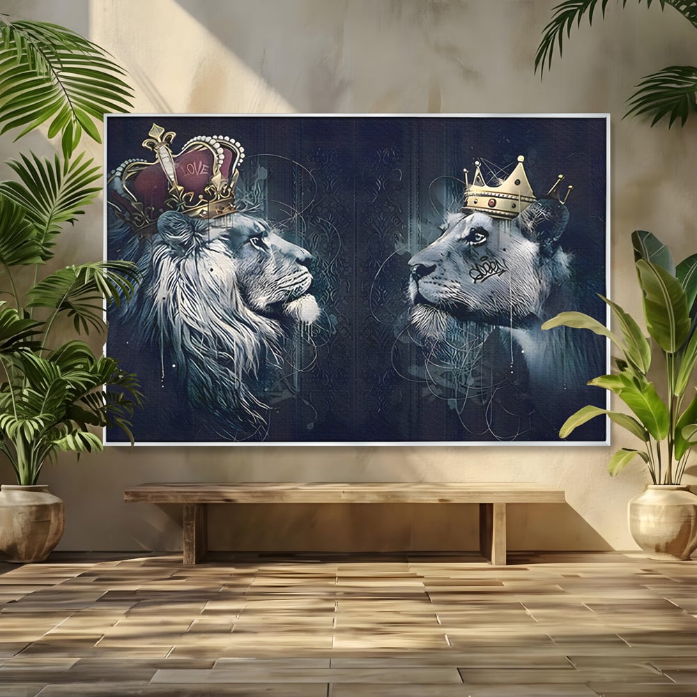 Tablou canvas cu tablou canvas cu leu si leoaica incoronati, in rama de aluminiu argintiu