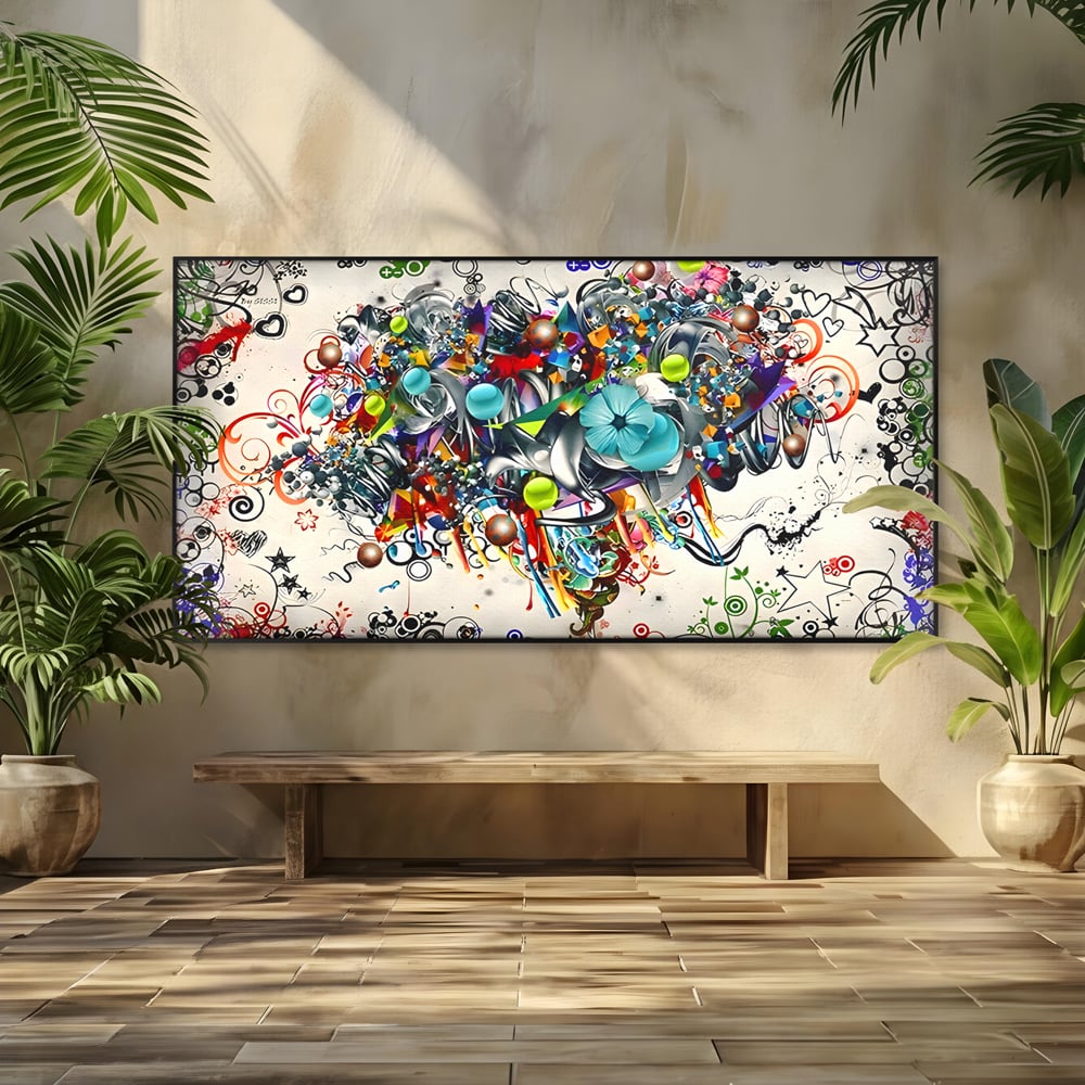Tablou canvas cu tablou canvas cu compozitie abstracta, in rama de aluminiu negru