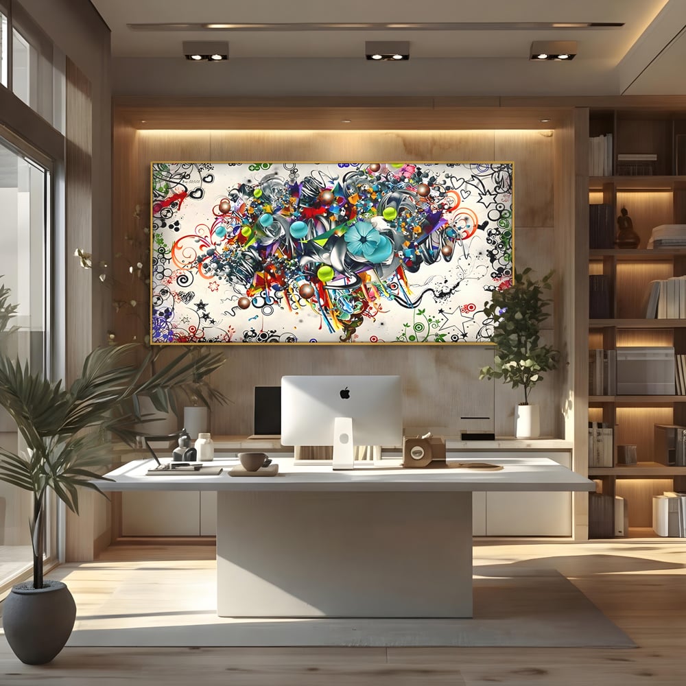 Tablou canvas cu tablou canvas cu compozitie abstracta, in rama de aluminiu auriu, pe perete intr-un birou