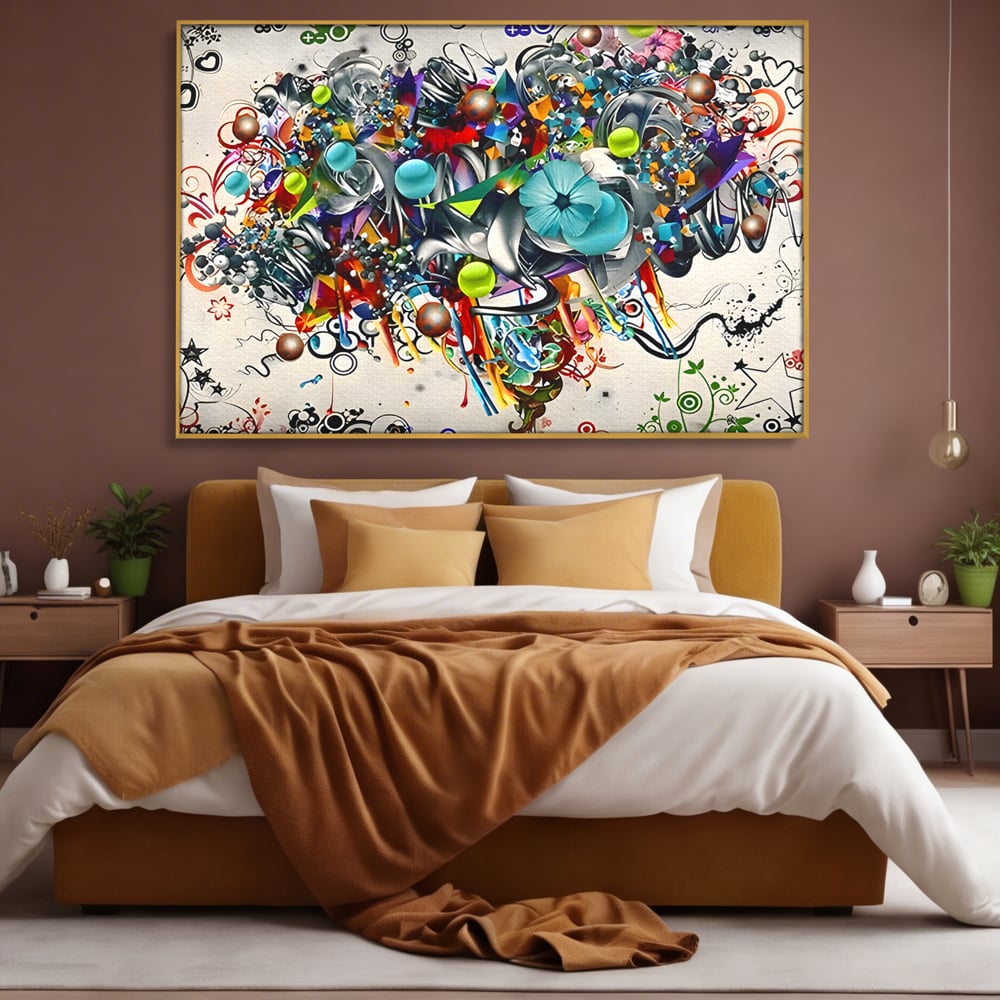 Tablou canvas cu tablou canvas cu compozitie abstracta, in rama de aluminiu auriu, pe perete intr-un dormitor