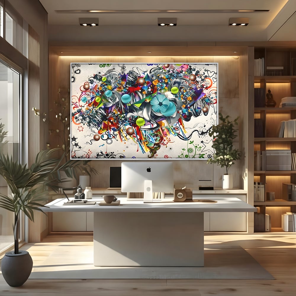 Tablou canvas cu tablou canvas cu compozitie abstracta, in rama de aluminiu argintiu, pe perete intr-un birou