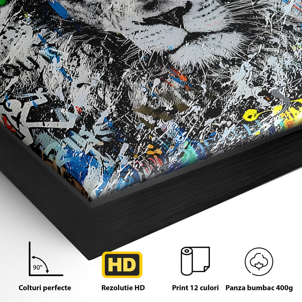 Detaliu al suprafetei: tablou canvas cu leu graffiti, in rama de aluminiu negru
