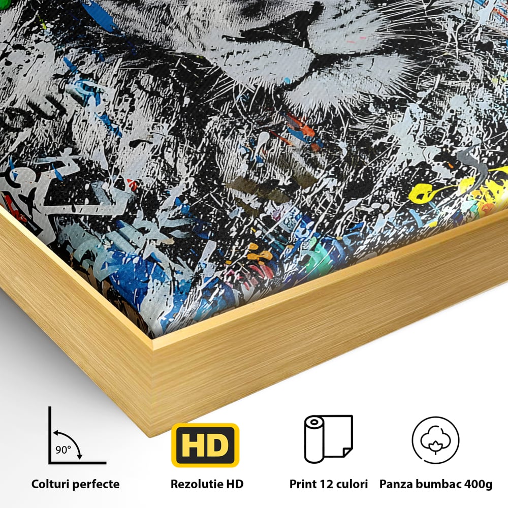 Detaliu al suprafetei: tablou canvas cu leu graffiti, in rama de aluminiu auriu