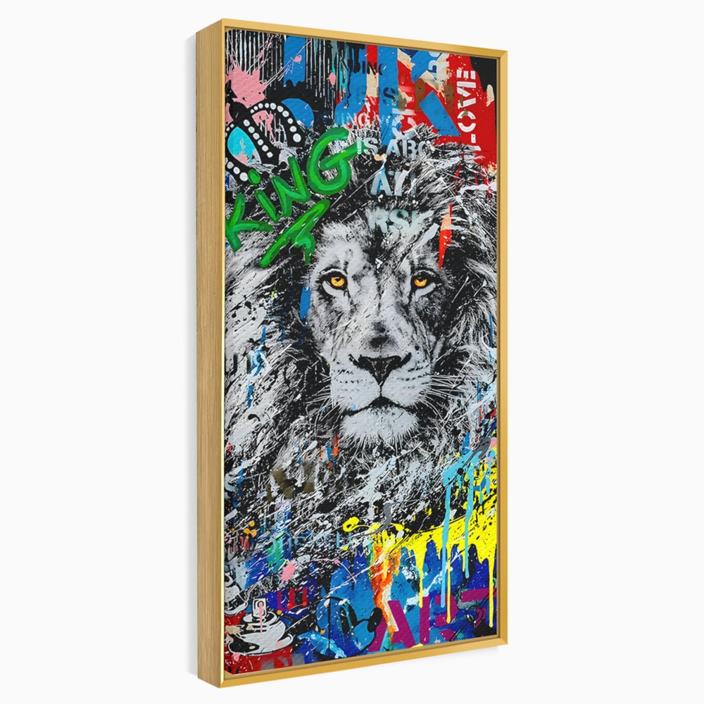 Tablou canvas cu tablou canvas cu leu graffiti, in rama de aluminiu auriu