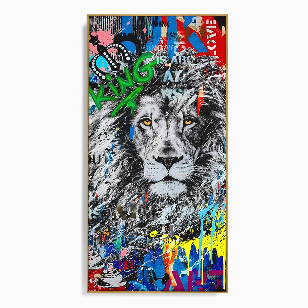 Tablou canvas cu tablou canvas cu leu graffiti, in rama de aluminiu auriu