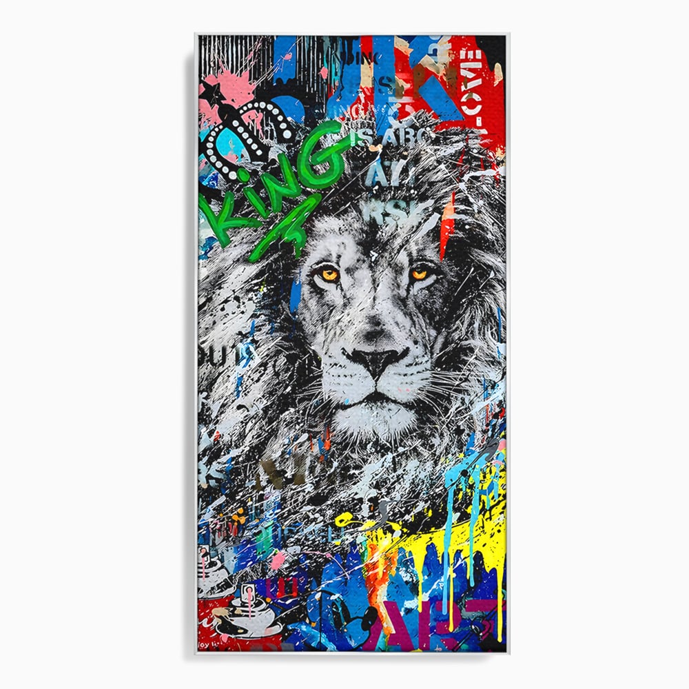 Tablou canvas cu tablou canvas cu leu graffiti, in rama de aluminiu argintiu