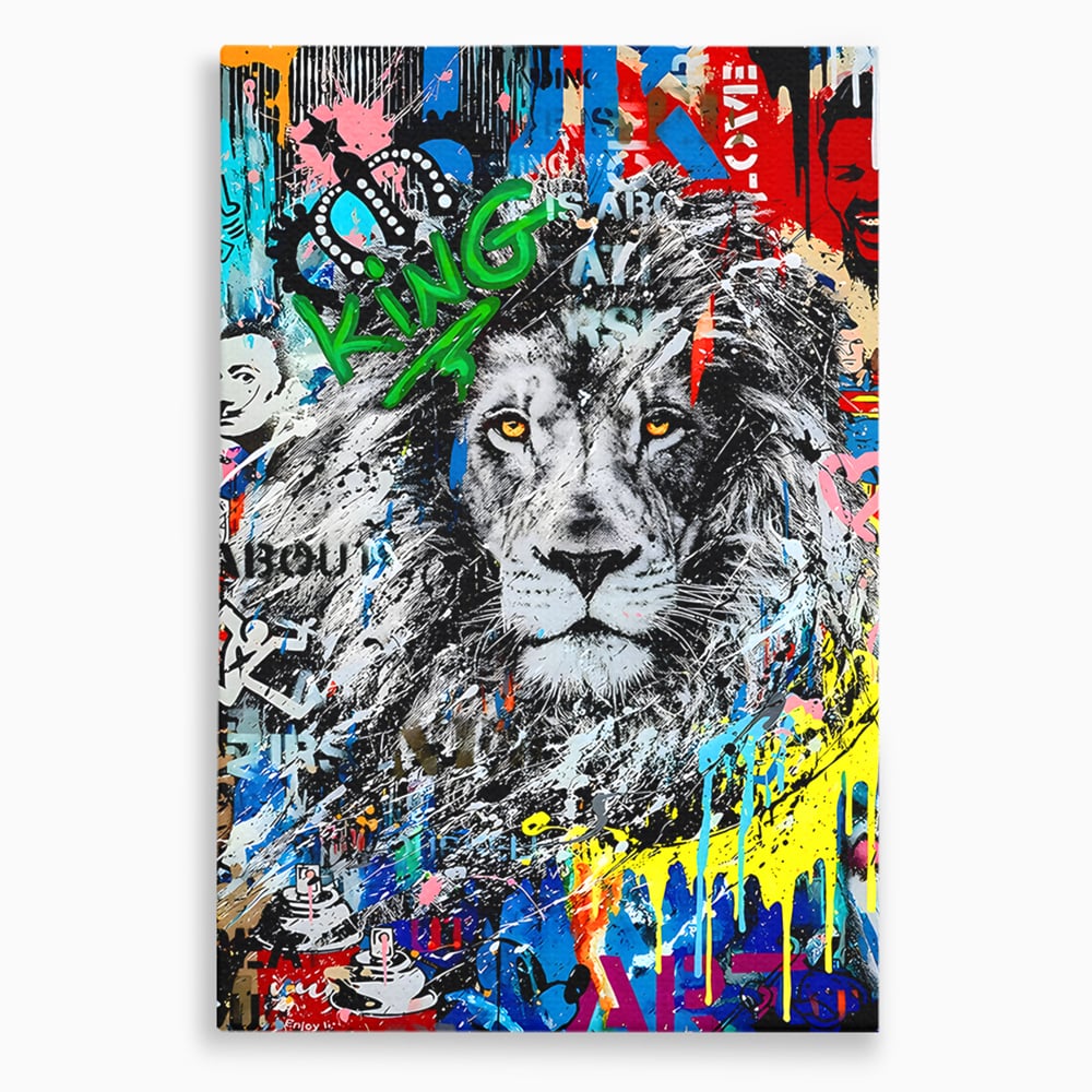 Tablou canvas cu tablou canvas cu leu graffiti, fara rama, pe sasiu de lemn