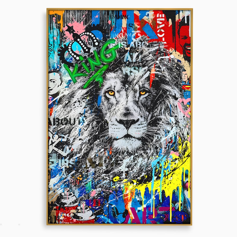 Tablou canvas cu tablou canvas cu leu graffiti, in rama de aluminiu auriu