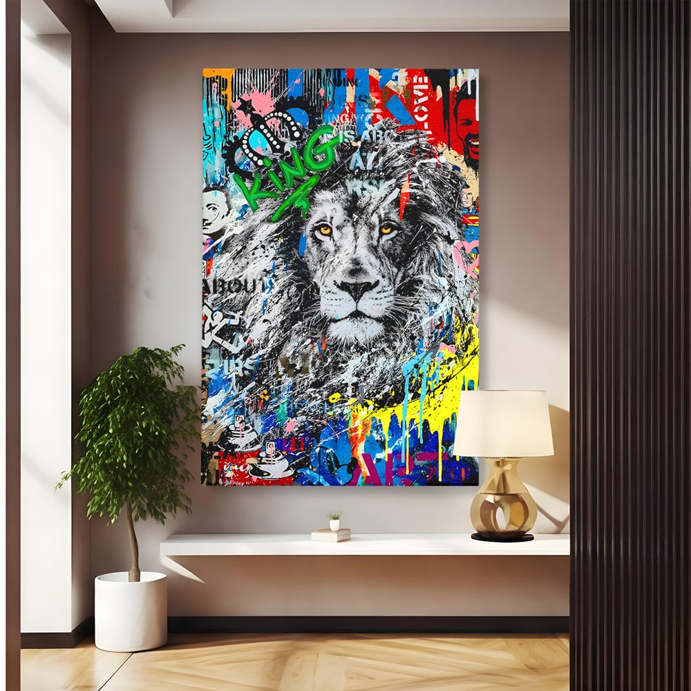 Tablou canvas cu tablou canvas cu leu graffiti, fara rama, pe sasiu de lemn