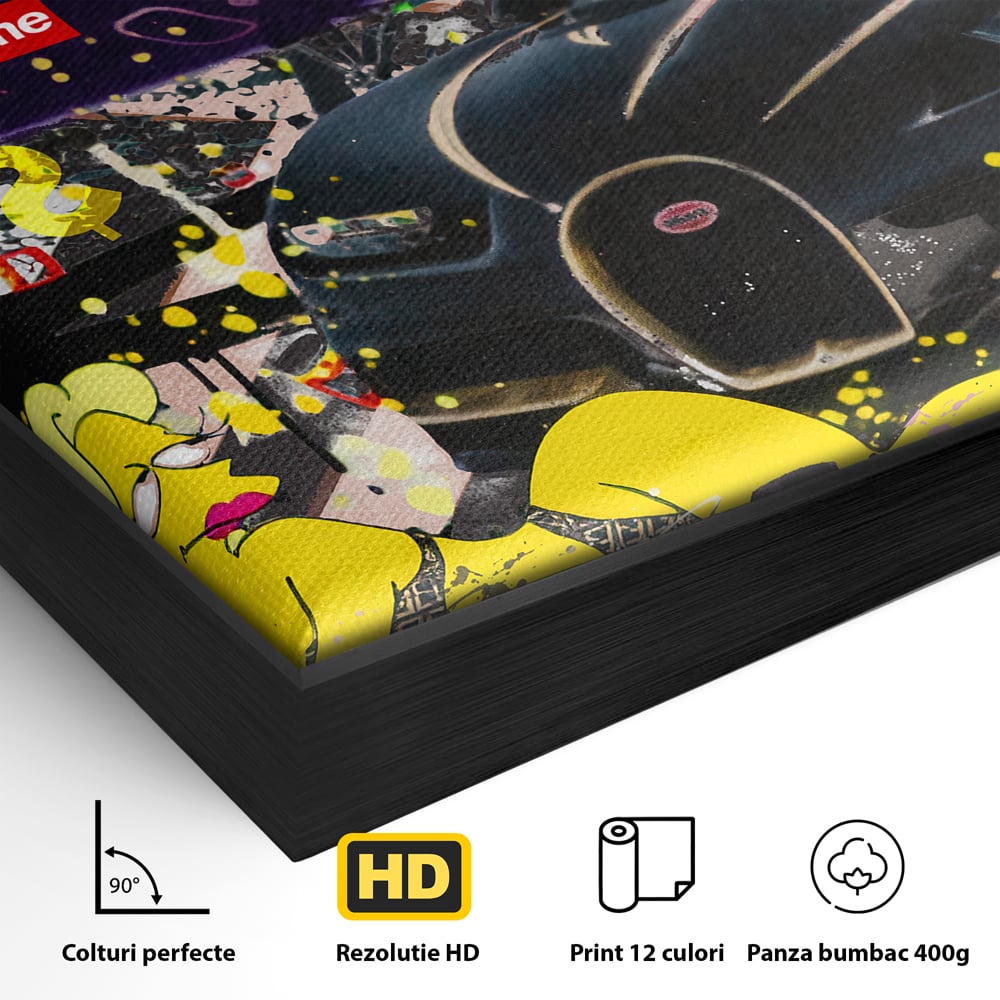 Detaliu al suprafetei: tablou canvas cu homer simpson si masina de lux, in rama de aluminiu negru