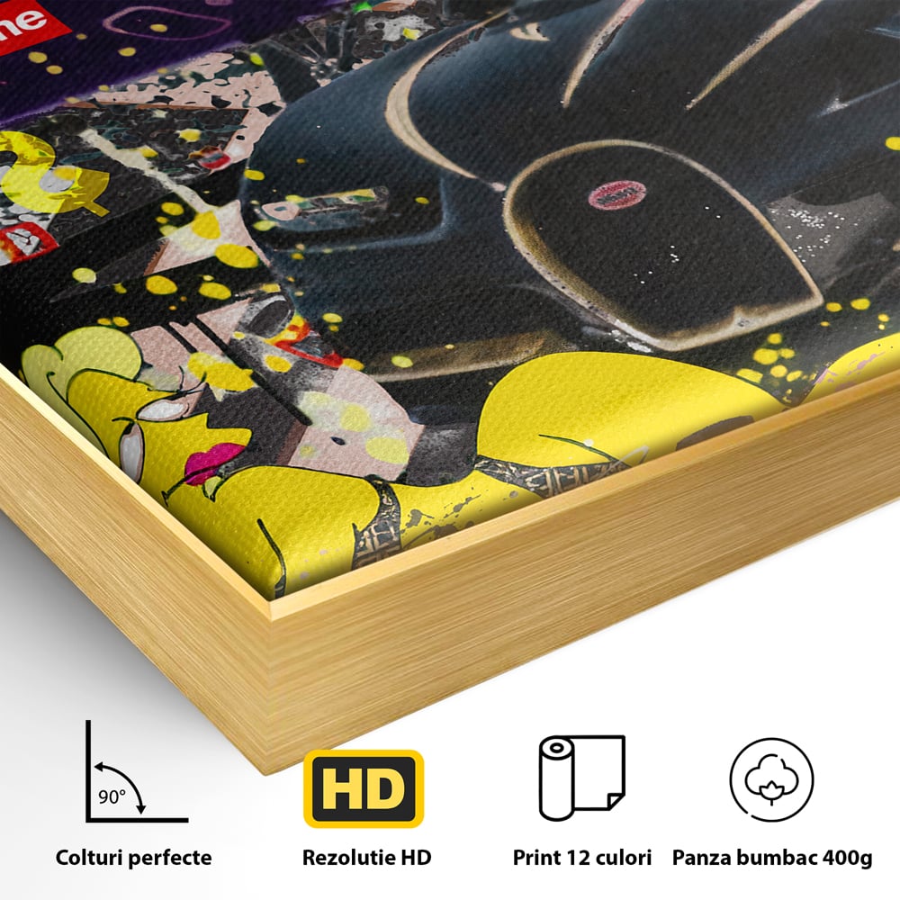 Detaliu al suprafetei: tablou canvas cu homer simpson si masina de lux, in rama de aluminiu auriu