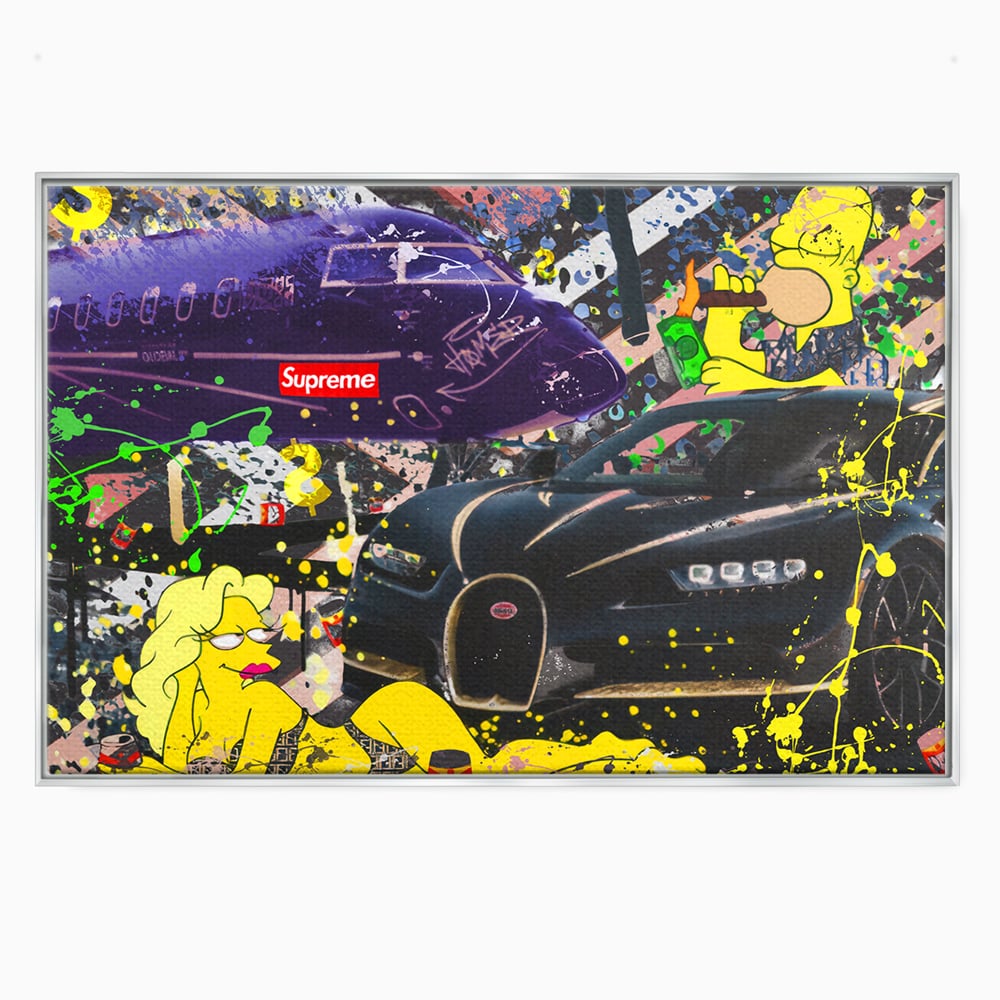 Tablou canvas cu tablou canvas cu homer simpson si masina de lux, in rama de aluminiu argintiu