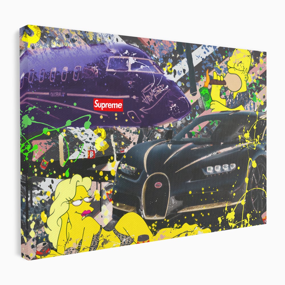 Tablou canvas cu tablou canvas cu homer simpson si masina de lux, fara rama, pe sasiu de lemn