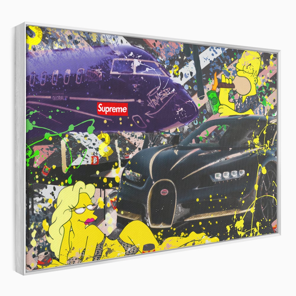 Tablou canvas cu tablou canvas cu homer simpson si masina de lux, in rama de aluminiu argintiu