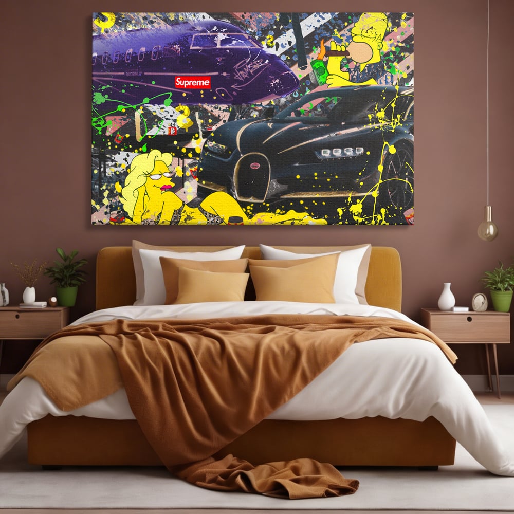 Tablou canvas cu tablou canvas cu homer simpson si masina de lux, fara rama, pe sasiu de lemn, pe perete intr-un dormitor